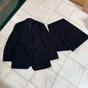 Vintage Kasper Men’s Suit Set – Dark Navy Pinstripes, 42R, Pure Wool